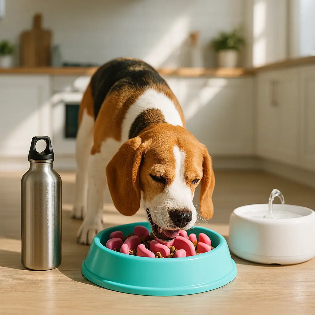 Slow feeder anti-gulping dog bowl and  stainless steel pet travel water bottle